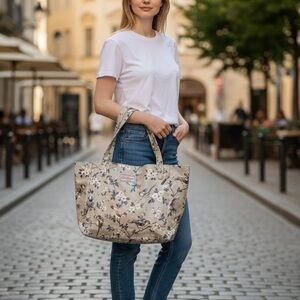 Coated canvas tote bag, Cath Kidston, British Birds print Floral Beige Tote Bag